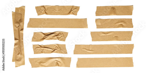 Highly wrinkled realistic brown masking tape strips collection with crumpled folds and torn edges vector illustration