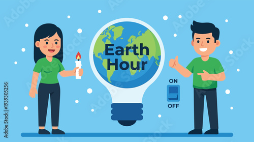Earth Hour Flat Vector Concept with People Candle and Globe Lightbulb