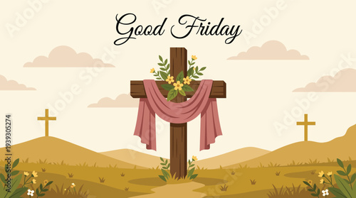 Good Friday Flat Vector Background with Wooden Cross Cloth and Flowers