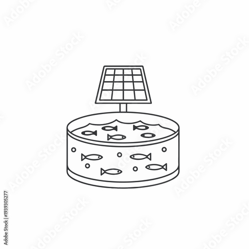Illustration of a sustainable aquaculture system, featuring fish swimming in a circular tank powered by a solar panel. 