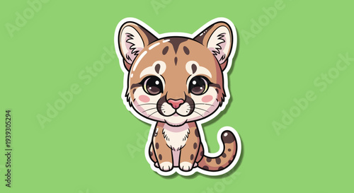 Cute Cartoon Cougar Sticker on Green Background