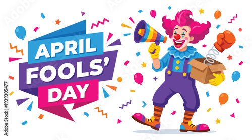 April Fools Day Flat Vector Concept with Funny Clown and Megaphone