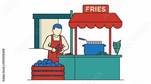 Man Preparing French Fries at a Food Stand With Red Awning and Wooden Crate of Potatoes On a Sunny Day