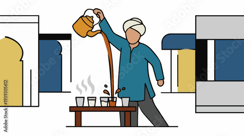 Man in Blue Kurta and White Turban Pours Tea From Orange Teapot Into Small Cups on a Table with Buildings in the Background