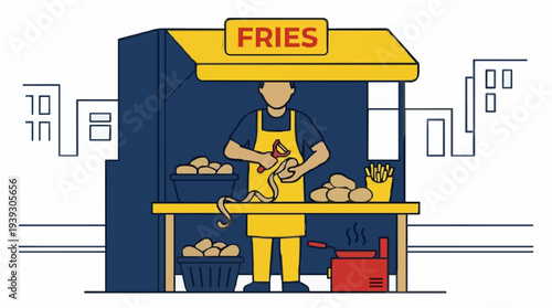 Street vendor prepares fresh french fries at a colorful food stall with steam rising from a fryer in an urban setting during the day