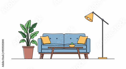 Blue Sofa with Pillows and Lamp Nearby.