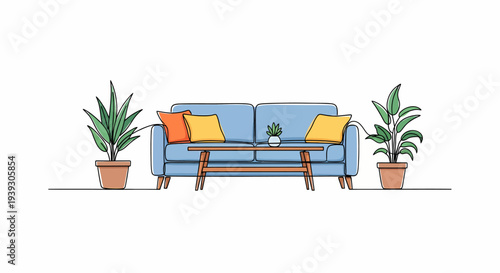 Blue Sofa with Pillows and Potted Plants.