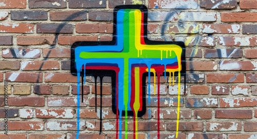 Colorful Cross Graffiti Art on Brick Wall.