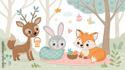 Friendly forest animals enjoy a cozy picnic together outdoors