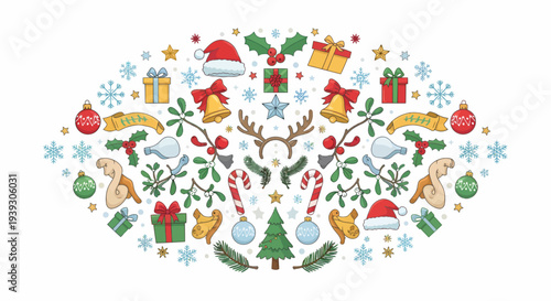 Christmas decorations in a festive circular arrangement.