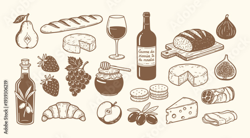 Cheese board and wine doodle vector set. Hand drawn gouda, cheddar, honey, nuts and herbs. Glass Bottle Grapes Cheese and Corkscrew Illustration