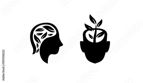Mental Growth and Natural Thinking Concept. Human Head with Leaves and Plant Growth Symbolizing Wisdom and Well-being.