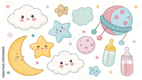 Whimsical baby nursery elements with smiling clouds and stars