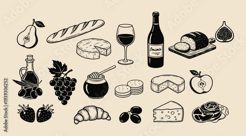 Cheese board and wine doodle vector set. Hand drawn gouda, cheddar, honey, nuts and herbs. Glass Bottle Grapes Cheese and Corkscrew Illustration