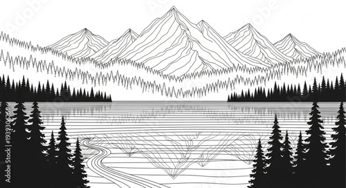 Black and White Mountain Landscape with Forest and Lake.