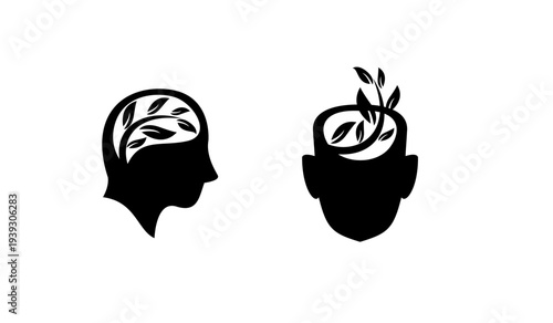 Human Head Silhouette with Growing Leaves Symbolizing Mental Growth and Nature Connection