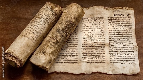 Ancient parchment scrolls with faded hebrew script, weathered and worn, revealing sacred religious texts and centuries of jewish literary tradition and historical scholarship