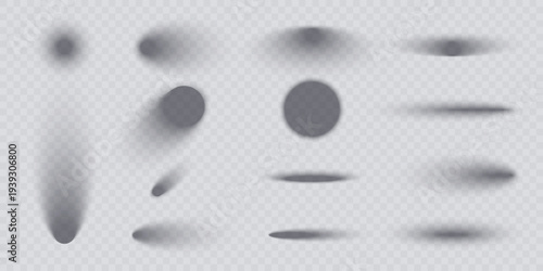 Circle and oval shadow set isolated on transparent background. Realistic shadow with overlay effect, drop round box vector and shade oval ball. Background floor with abstract blur set object.