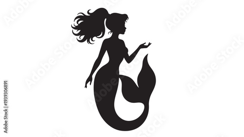 Mermaid silhouette with flowing hair and outstretched hand, a mythical sea creature with a fish tail and elegant pose.