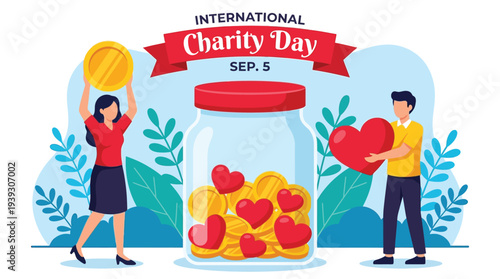 International Charity Day Vector Banner with People Donating Coins and Hearts