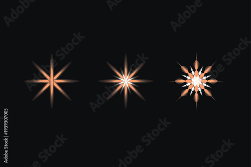 Three orange starburst light effects on dark background for graphic design