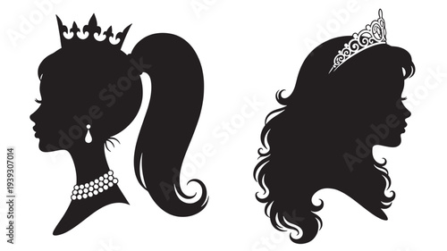 Silhouettes of two princesses wearing crowns and jewelry with elegant hairstyles, perfect for design.