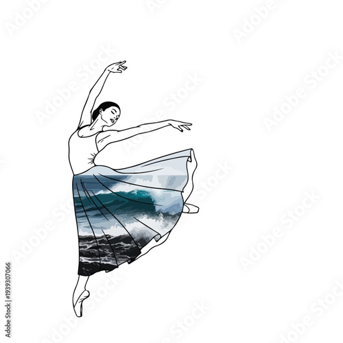 Graceful Ballerina Double Exposure Art with Ocean Waves in Skirt
