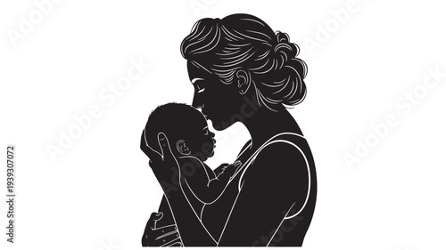 Mother kissing newborn baby silhouette with tender embrace and gentle care, representing love and family bonds.