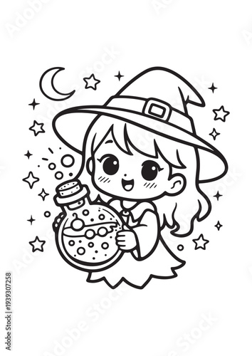 Cute Witch Girl Potion Halloween Coloring Page