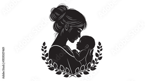 Mother holding her baby in a silhouette design with leafy branches framing the loving embrace. featuring child, infant, love with family and