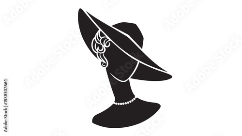 Woman's silhouette wearing a wide-brimmed hat and pearl necklace, elegantly stylized in black and white profile view.