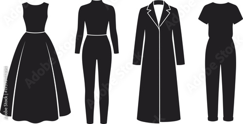 Fashion silhouettes illustration vector apparel garment design graphics, gown jumpsuit coat casual outfit concept, black and white creative art collection