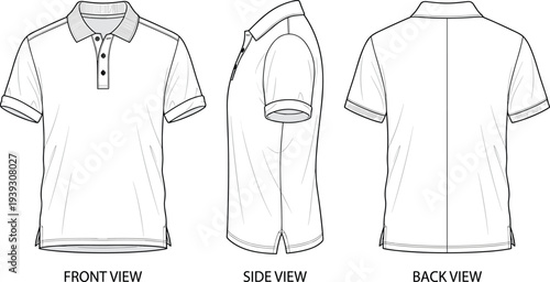 Polo shirt technical sketch illustration vector garment construction fashion design graphics, apparel concept, black and white creative art collection