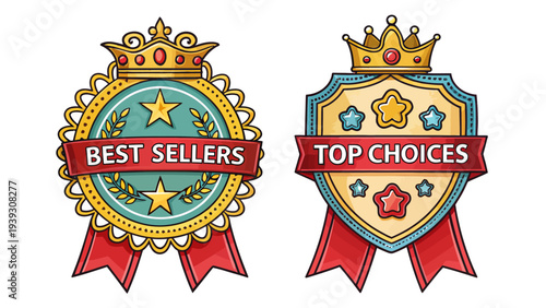 Award badges for best sellers and top choices with royal crowns