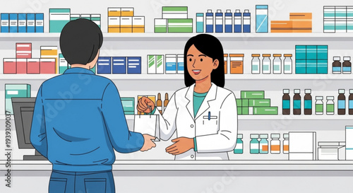 Pharmacist handing prescription to customer at pharmacy counter with medication shelves