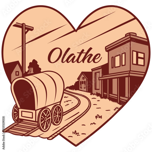 Historic Olathe Kansas Heart Graphic with Pioneer Wagon and Old Town