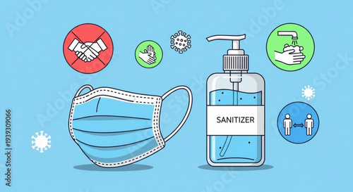 Covid 19 prevention measures with face mask and hand sanitizer