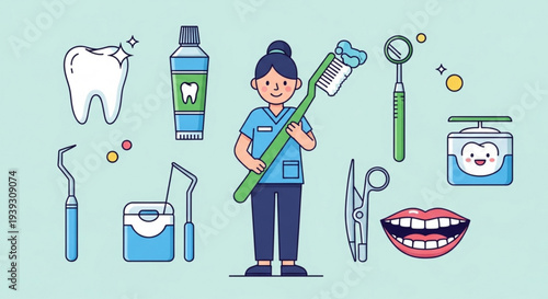 Dentist holding giant toothbrush surrounded by dental tools and hygiene products on light blue background