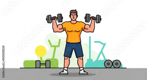 Man lifting dumbbells at gym with exercise equipment background