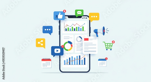 Mobile phone with floating business and social media icons graphs charts and shopping cart on screen representing digital marketing and e commerce strategy