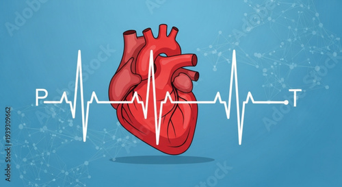 Human heart with ecg waveform on blue background symbolizing cardiovascular health and medical technology