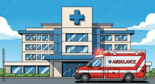 Ambulance parked outside hospital building with blue cross on sunny day