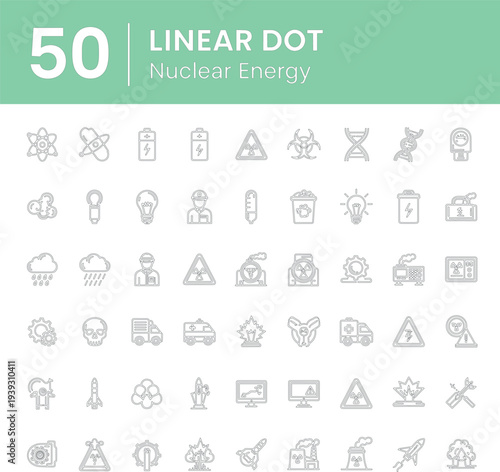 Nuclear Energy Linear Dot Icons Set with Atomic Reactor Radiation Science Technology Outline Vector Illustration Collection