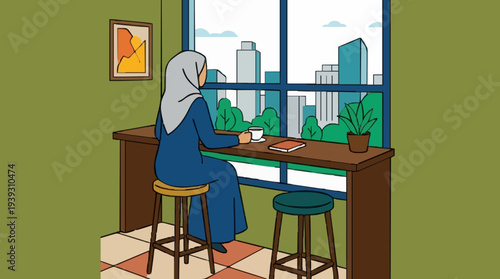 A Woman Wearing a Blue Hijab and Dress Sits at a Table with a Coffee Cup Looking Out the Window at Cityscape