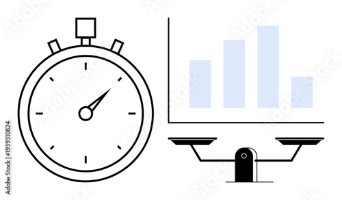 Time management, business analytics, decision-making processes, work-life balance concepts, productivity tools, and efficiency strategies. Stopwatch, bar chart and scale. Time management