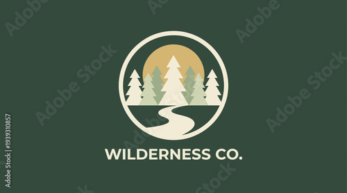 A serene logo depicting a wilderness landscape with trees and a winding path, symbolizing tranquility, nature's beauty, and outdoor adventures for exploration.