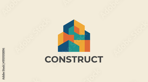 A vibrant geometric logo reflecting the concept of construction, featuring interlocking shapes in shades of blue, green, orange, and yellow, symbolizing creativity and structure.