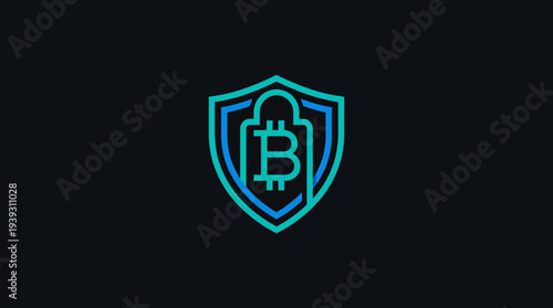 A sleek logo design incorporating a shield and a Bitcoin symbol, representing security and trust in the blockchain technology, perfect for finance applications and services.