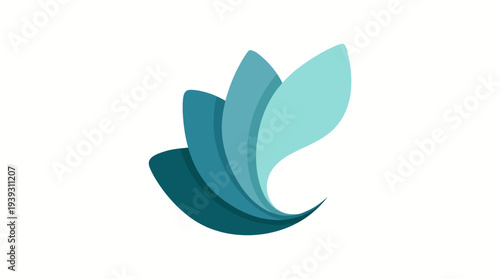 This artistic image features elegant layers of aqua green shapes resembling leaves, symbolizing growth, nature, tranquility, and modern design aesthetics in a harmonious layout.