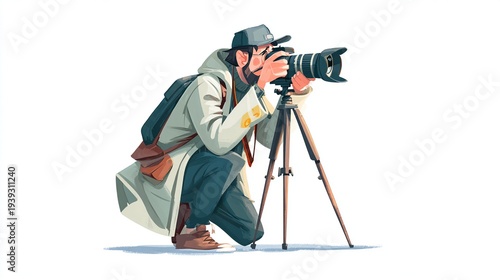 Cartoon vector illustration of a photographer adjusting camera on tripod